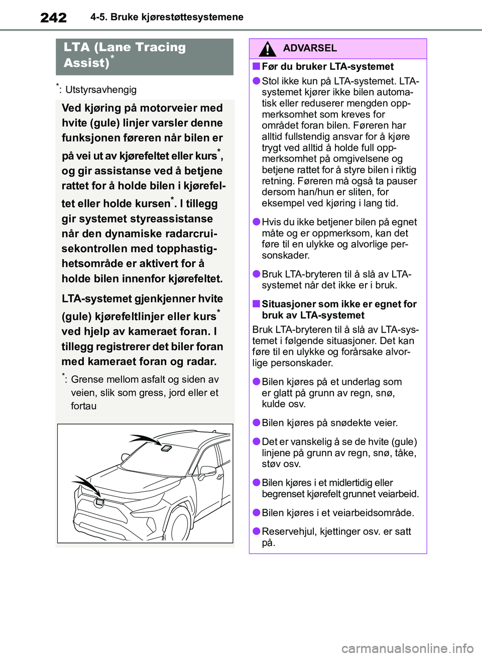 TOYOTA RAV4 2018 Instruksjoner for bruk (in Norwegian) 242
OM42B46NO
4-5. Bruke kjørestøttesystemene
*: Utstyrsavhengig
LTA (Lane Tracing
Assist)*
Ved kjøring på motorveier med
hvite (gule) linjer varsler denne
funksjonen føreren når bilen er
p TOYOTA RAV4 2018 Instruksjoner for bruk (in Norwegian) 242
OM42B46NO
4-5. Bruke kjørestøttesystemene
*: Utstyrsavhengig
LTA (Lane Tracing
Assist)*
Ved kjøring på motorveier med
hvite (gule) linjer varsler denne
funksjonen føreren når bilen er
p