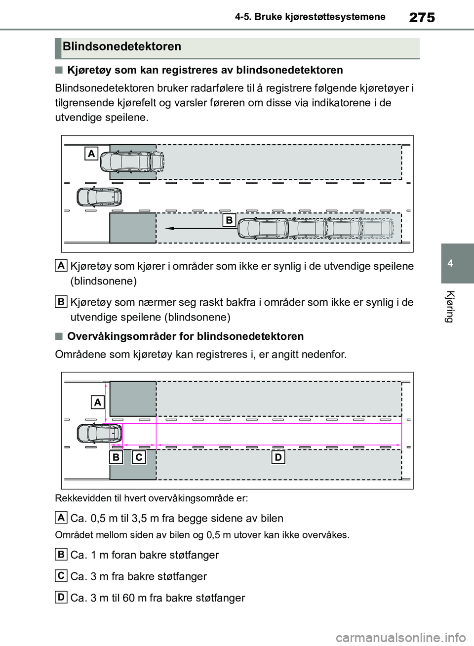 TOYOTA RAV4 2018 Instruksjoner for bruk (in Norwegian) 275
4
OM42B46NO
4-5. Bruke kjørestøttesystemene
Kjøring
■Kjøretøy som kan registreres av blindsonedetektoren
Blindsonedetektoren bruker radarfølere til å registrere følgende kjøretøyer i
TOYOTA RAV4 2018 Instruksjoner for bruk (in Norwegian) 275
4
OM42B46NO
4-5. Bruke kjørestøttesystemene
Kjøring
■Kjøretøy som kan registreres av blindsonedetektoren
Blindsonedetektoren bruker radarfølere til å registrere følgende kjøretøyer i