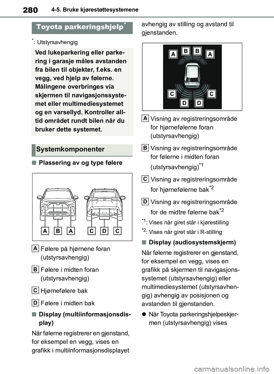 TOYOTA RAV4 2018 Instruksjoner for bruk (in Norwegian) 280
OM42B46NO
4-5. Bruke kjørestøttesystemene
*: Utstyrsavhengig
■Plassering av og type følereFølere på hjørnene foran
(utstyrsavhengig)
Følere i midten foran
(utstyrsavhengig)
Hjørneføle TOYOTA RAV4 2018 Instruksjoner for bruk (in Norwegian) 280
OM42B46NO
4-5. Bruke kjørestøttesystemene
*: Utstyrsavhengig
■Plassering av og type følereFølere på hjørnene foran
(utstyrsavhengig)
Følere i midten foran
(utstyrsavhengig)
Hjørneføle