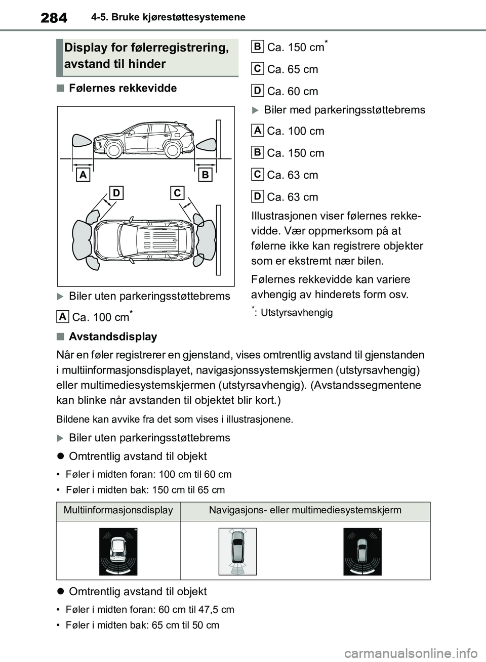 TOYOTA RAV4 2018 Instruksjoner for bruk (in Norwegian) 284
OM42B46NO
4-5. Bruke kjørestøttesystemene
■Følernes rekkevidde
Biler uten parkeringsstøttebremsCa. 100 cm
*
Ca. 150 cm*
Ca. 65 cm
Ca. 60 cm
Biler med parkeringsstøttebremsCa. 100 cm
C TOYOTA RAV4 2018 Instruksjoner for bruk (in Norwegian) 284
OM42B46NO
4-5. Bruke kjørestøttesystemene
■Følernes rekkevidde
Biler uten parkeringsstøttebremsCa. 100 cm
*
Ca. 150 cm*
Ca. 65 cm
Ca. 60 cm
Biler med parkeringsstøttebremsCa. 100 cm
C
