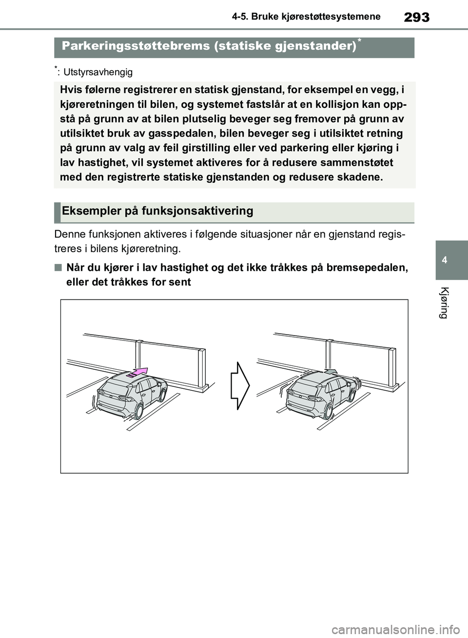 TOYOTA RAV4 2018 Instruksjoner for bruk (in Norwegian) 293
4
OM42B46NO
4-5. Bruke kjørestøttesystemene
Kjøring
*: Utstyrsavhengig
Denne funksjonen aktiveres i følgende situasjoner når en gjenstand regis-
treres i bilens kjøreretning.
■Når du kjø TOYOTA RAV4 2018 Instruksjoner for bruk (in Norwegian) 293
4
OM42B46NO
4-5. Bruke kjørestøttesystemene
Kjøring
*: Utstyrsavhengig
Denne funksjonen aktiveres i følgende situasjoner når en gjenstand regis-
treres i bilens kjøreretning.
■Når du kjø