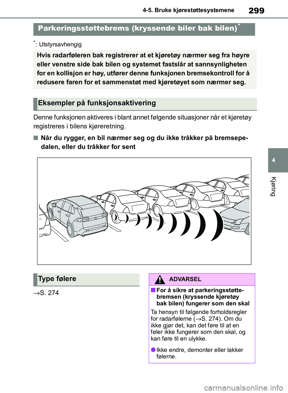 TOYOTA RAV4 2018 Instruksjoner for bruk (in Norwegian) 299
4
OM42B46NO
4-5. Bruke kjørestøttesystemene
Kjøring
*: Utstyrsavhengig
Denne funksjonen aktiveres i blant annet følgende situasjoner når et kjøretøy
registreres i bilens kjøreretning.
■ TOYOTA RAV4 2018 Instruksjoner for bruk (in Norwegian) 299
4
OM42B46NO
4-5. Bruke kjørestøttesystemene
Kjøring
*: Utstyrsavhengig
Denne funksjonen aktiveres i blant annet følgende situasjoner når et kjøretøy
registreres i bilens kjøreretning.
■