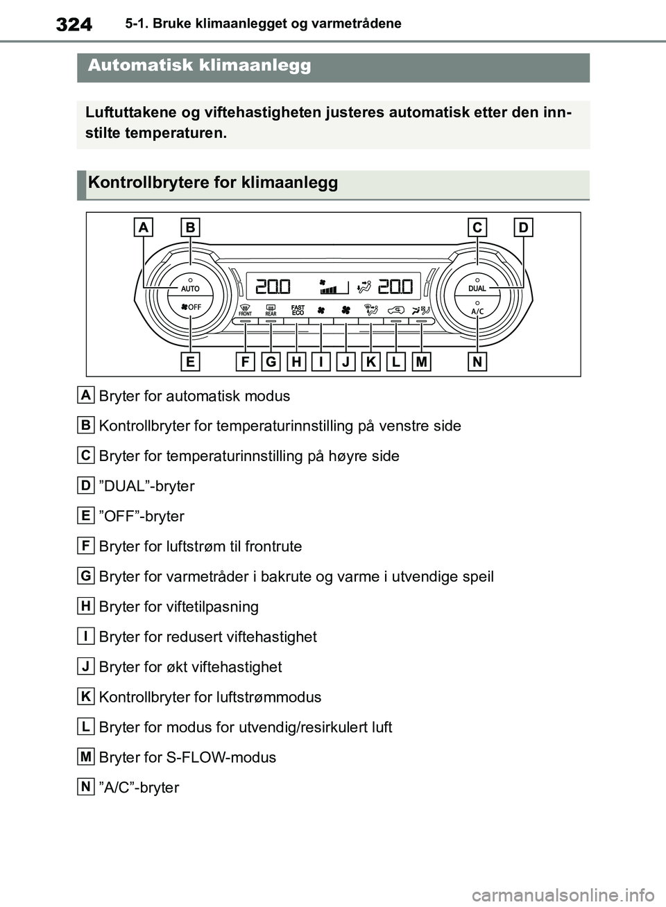 TOYOTA RAV4 2018  Instruksjoner for bruk (in Norwegian) 324
OM42B46NO
5-1. Bruke klimaanlegget og varmetrådene
5-1.Bruke klimaanlegget og varmetrådene
Bryter for automatisk modus
Kontrollbryter for temperaturinnstilling på venstre side
Bryter for temper