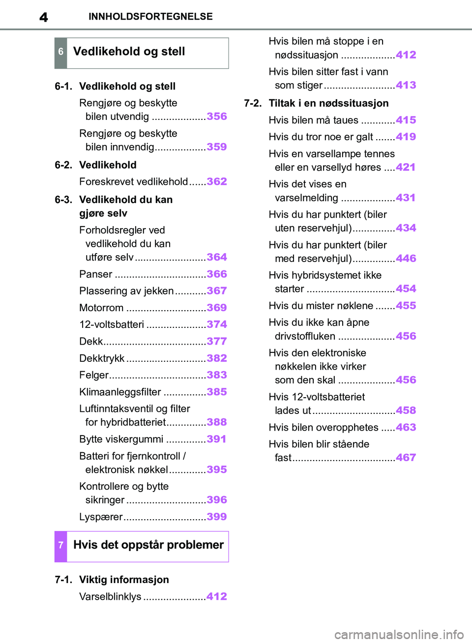 TOYOTA RAV4 2018 Instruksjoner for bruk (in Norwegian) 4
OM42B46NO
INNHOLDSFORTEGNELSE
6-1. Vedlikehold og stellRengjøre og beskytte bilen utvendig ................... 356
Rengjøre og beskytte bilen innvendig.................. 359
6-2. Vedlikehold Fore TOYOTA RAV4 2018 Instruksjoner for bruk (in Norwegian) 4
OM42B46NO
INNHOLDSFORTEGNELSE
6-1. Vedlikehold og stellRengjøre og beskytte bilen utvendig ................... 356
Rengjøre og beskytte bilen innvendig.................. 359
6-2. Vedlikehold Fore