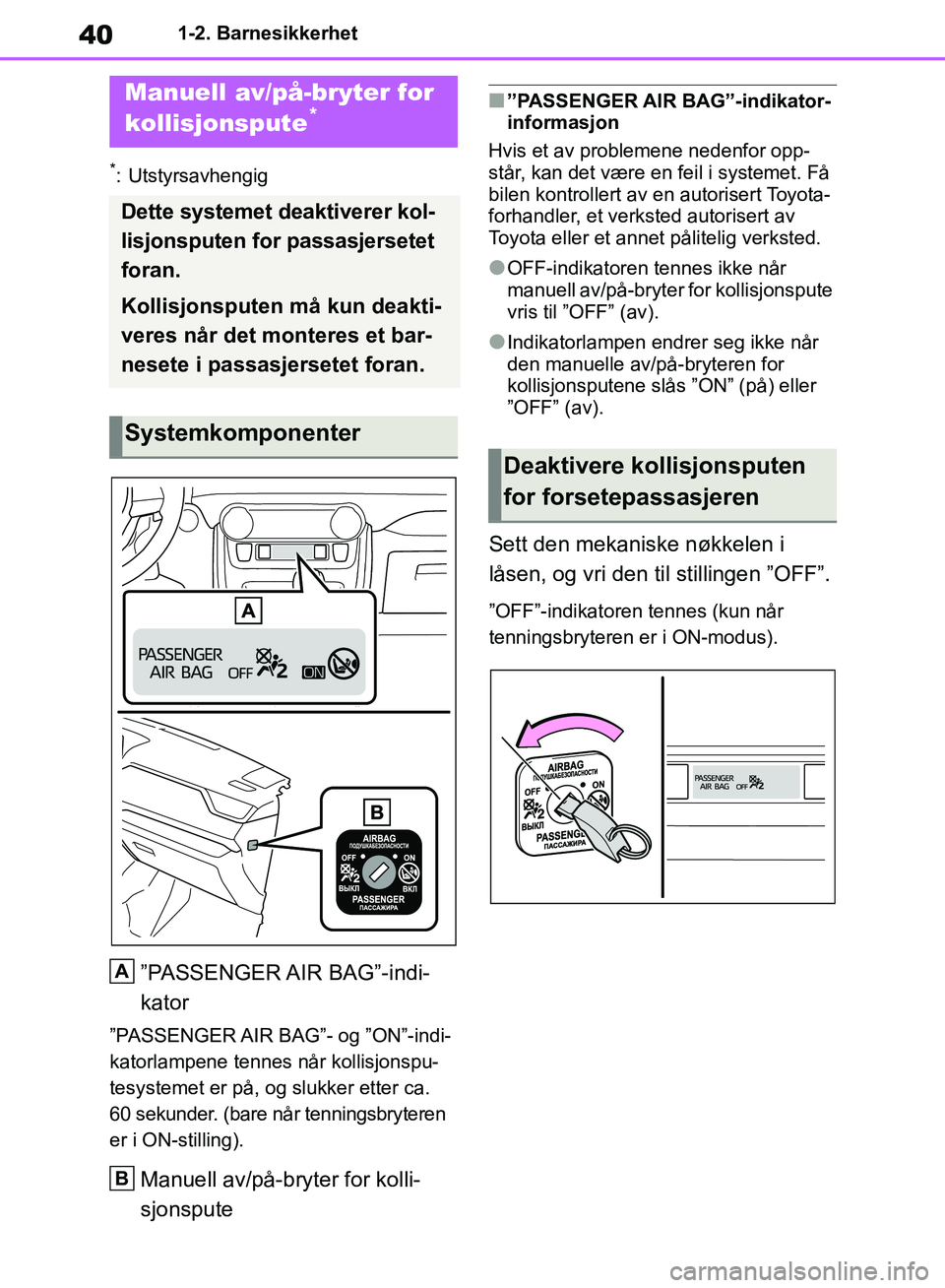 TOYOTA RAV4 2018 Instruksjoner for bruk (in Norwegian) 40
OM42B46NO
1-2. Barnesikkerhet
1-2.Barnesikkerhet
*: Utstyrsavhengig
”PASSENGER AIR BAG”-indi-
kator
”PASSENGER AIR BAG”- og ”ON”-indi-
katorlampene tennes når kollisjonspu-
tesystemet TOYOTA RAV4 2018 Instruksjoner for bruk (in Norwegian) 40
OM42B46NO
1-2. Barnesikkerhet
1-2.Barnesikkerhet
*: Utstyrsavhengig
”PASSENGER AIR BAG”-indi-
kator
”PASSENGER AIR BAG”- og ”ON”-indi-
katorlampene tennes når kollisjonspu-
tesystemet