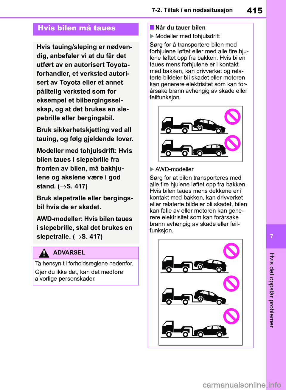 TOYOTA RAV4 2018 Instruksjoner for bruk (in Norwegian) 415
7
OM42B46NO
7-2. Tiltak i en nødssituasjon
Hvis det oppstår problemer
7-2.Tiltak i en nødssituasjon
Hvis bilen må taues
Hvis tauing/sleping er nødven-
dig, anbefaler vi at du får det
utfør TOYOTA RAV4 2018 Instruksjoner for bruk (in Norwegian) 415
7
OM42B46NO
7-2. Tiltak i en nødssituasjon
Hvis det oppstår problemer
7-2.Tiltak i en nødssituasjon
Hvis bilen må taues
Hvis tauing/sleping er nødven-
dig, anbefaler vi at du får det
utfør