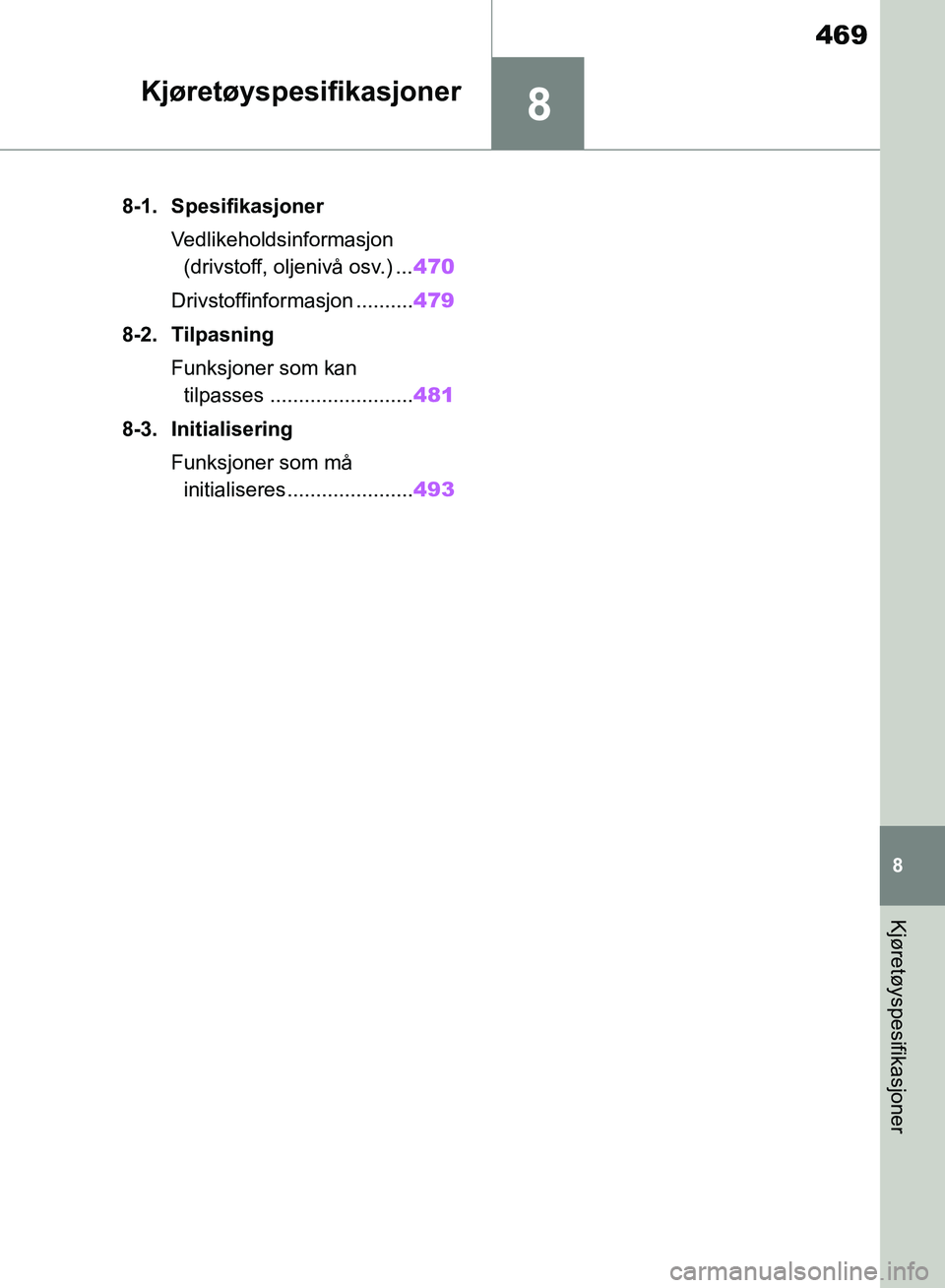 TOYOTA RAV4 2018 Instruksjoner for bruk (in Norwegian) 8
469
OM42B46NO
8
Kjøretøyspesifikasjoner
Kjøretøyspesifikasjoner
8-1. SpesifikasjonerVedlikeholdsinformasjon (drivstoff, oljenivå osv.) ... 470
Drivstoffinformasjon .......... 479
8-2. Tilpasnin TOYOTA RAV4 2018 Instruksjoner for bruk (in Norwegian) 8
469
OM42B46NO
8
Kjøretøyspesifikasjoner
Kjøretøyspesifikasjoner
8-1. SpesifikasjonerVedlikeholdsinformasjon (drivstoff, oljenivå osv.) ... 470
Drivstoffinformasjon .......... 479
8-2. Tilpasnin