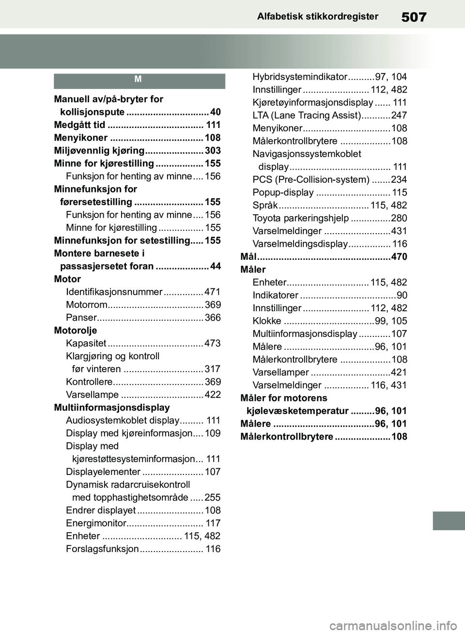 TOYOTA RAV4 2018 Instruksjoner for bruk (in Norwegian) 507
OM42B46NO
Alfabetisk stikkordregister
M
Manuell av/på-bryter for kollisjonspute ............................... 40
Medgått tid .................................... 111
Menyikoner ............... TOYOTA RAV4 2018 Instruksjoner for bruk (in Norwegian) 507
OM42B46NO
Alfabetisk stikkordregister
M
Manuell av/på-bryter for kollisjonspute ............................... 40
Medgått tid .................................... 111
Menyikoner ...............