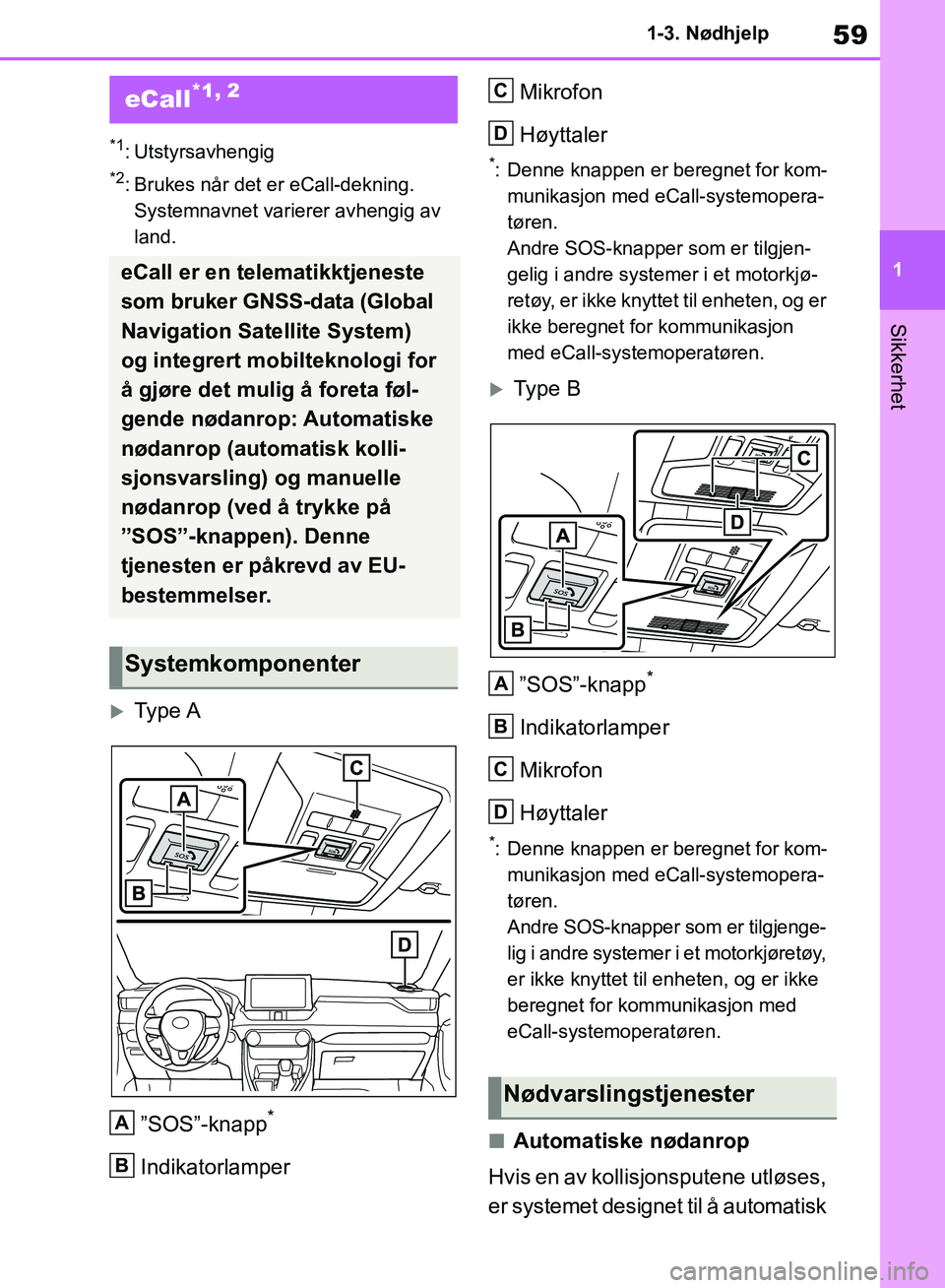 TOYOTA RAV4 2018 Instruksjoner for bruk (in Norwegian) 59
1
OM42B46NO
1-3. Nødhjelp
Sikkerhet
1-3.Nødhjelp
*1: Utstyrsavhengig
*2: Brukes når det er eCall-dekning. Systemnavnet varierer avhengig av
land.
Type A
”SOS”-knapp
*
Indikatorlamper Mik TOYOTA RAV4 2018 Instruksjoner for bruk (in Norwegian) 59
1
OM42B46NO
1-3. Nødhjelp
Sikkerhet
1-3.Nødhjelp
*1: Utstyrsavhengig
*2: Brukes når det er eCall-dekning. Systemnavnet varierer avhengig av
land.
Type A
”SOS”-knapp
*
Indikatorlamper Mik