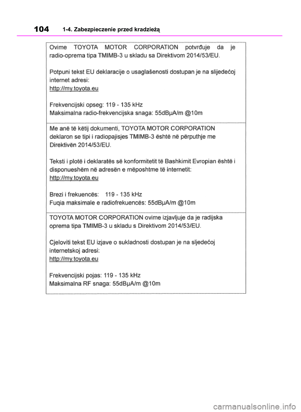 TOYOTA RAV4 2018  Instrukcja obsługi (in Polish) 1041-4. Zabezpieczenie przed kradzie˝à
43 RAV4 OM42B34E  19/12/18  12:18  Page 104 