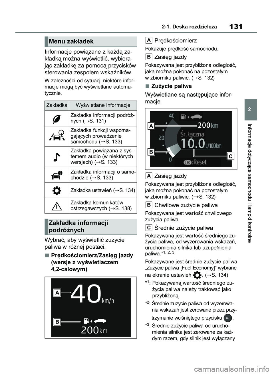 TOYOTA RAV4 2018  Instrukcja obsługi (in Polish) Informacje powiàzane z ka˝dà za-
k∏adkà mo˝na wyÊwietliç, wybiera-
jàc zak∏adk´ za pomocà przycisków
sterowania zespo∏em wskaêników.
W zale˝noÊci od sytuacji niektóre infor-
macj