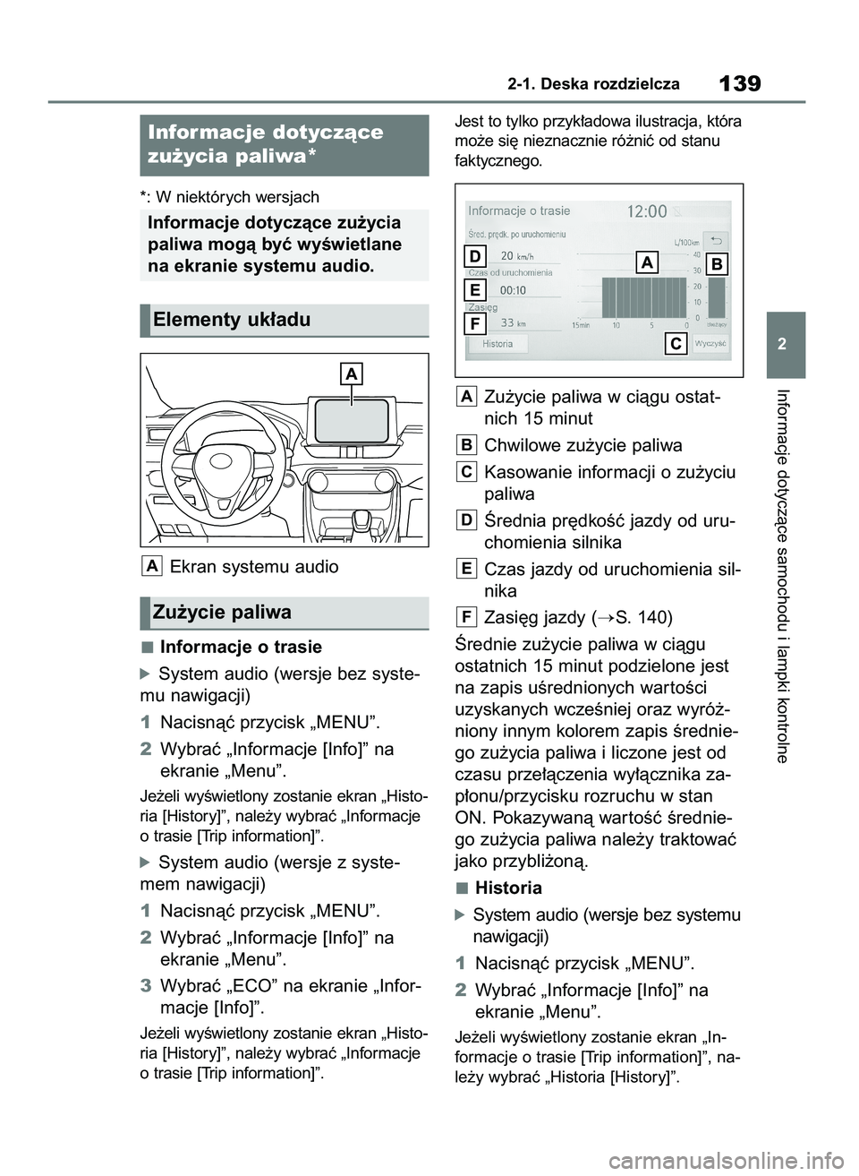 TOYOTA RAV4 2018  Instrukcja obsługi (in Polish) *: W niektórych wersjach
Ekran systemu audio
Informacje o trasie
óSystem audio (wersje bez syste-
mu nawigacji)
1Nacisnàç przycisk „MENU”.
2Wybraç „Informacje [Info]” na
ekranie „Menu