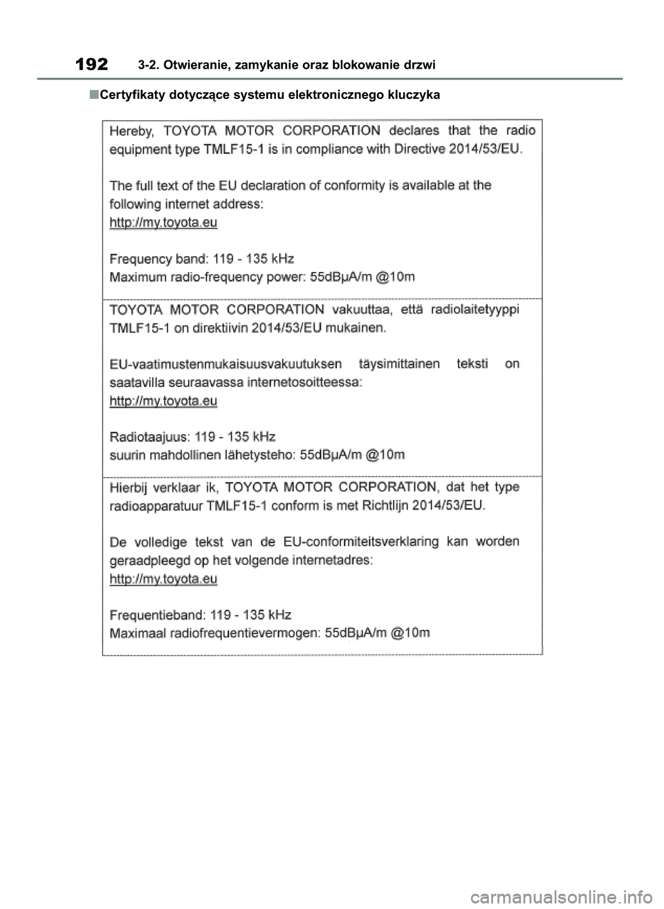 TOYOTA RAV4 2018  Instrukcja obsługi (in Polish) Certyfikaty dotyczàce systemu elektronicznego kluczyka
1923-2. Otwieranie, zamykanie oraz blokowanie drzwi
43 RAV4 OM42B34E  19/12/18  12:19  Page 192 