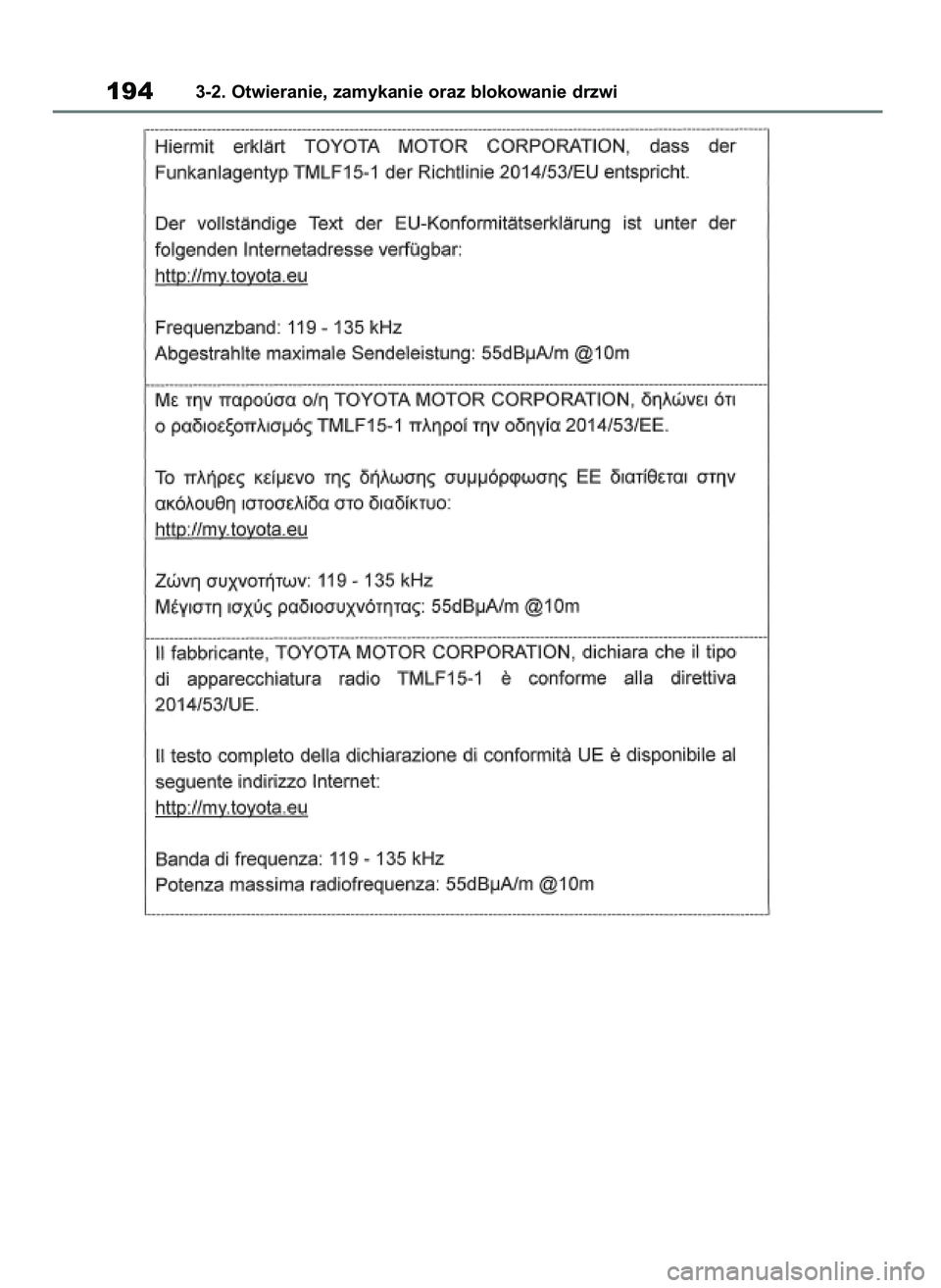 TOYOTA RAV4 2018  Instrukcja obsługi (in Polish) 1943-2. Otwieranie, zamykanie oraz blokowanie drzwi
43 RAV4 OM42B34E  19/12/18  12:19  Page 194 