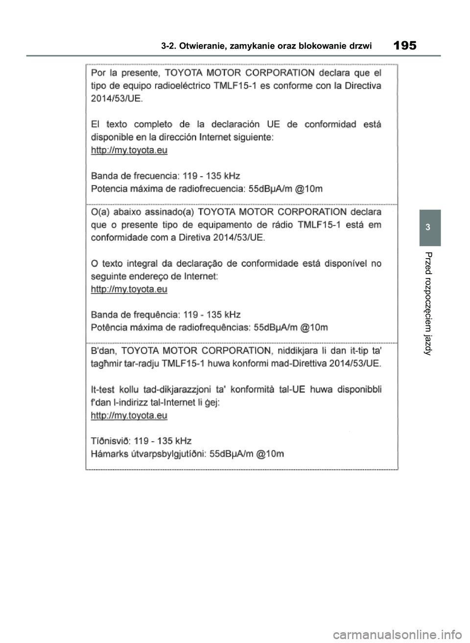 TOYOTA RAV4 2018  Instrukcja obsługi (in Polish) Przed rozpocz´ciem jazdy
3-2. Otwieranie, zamykanie oraz blokowanie drzwi195
3
43 RAV4 OM42B34E  19/12/18  12:19  Page 195 