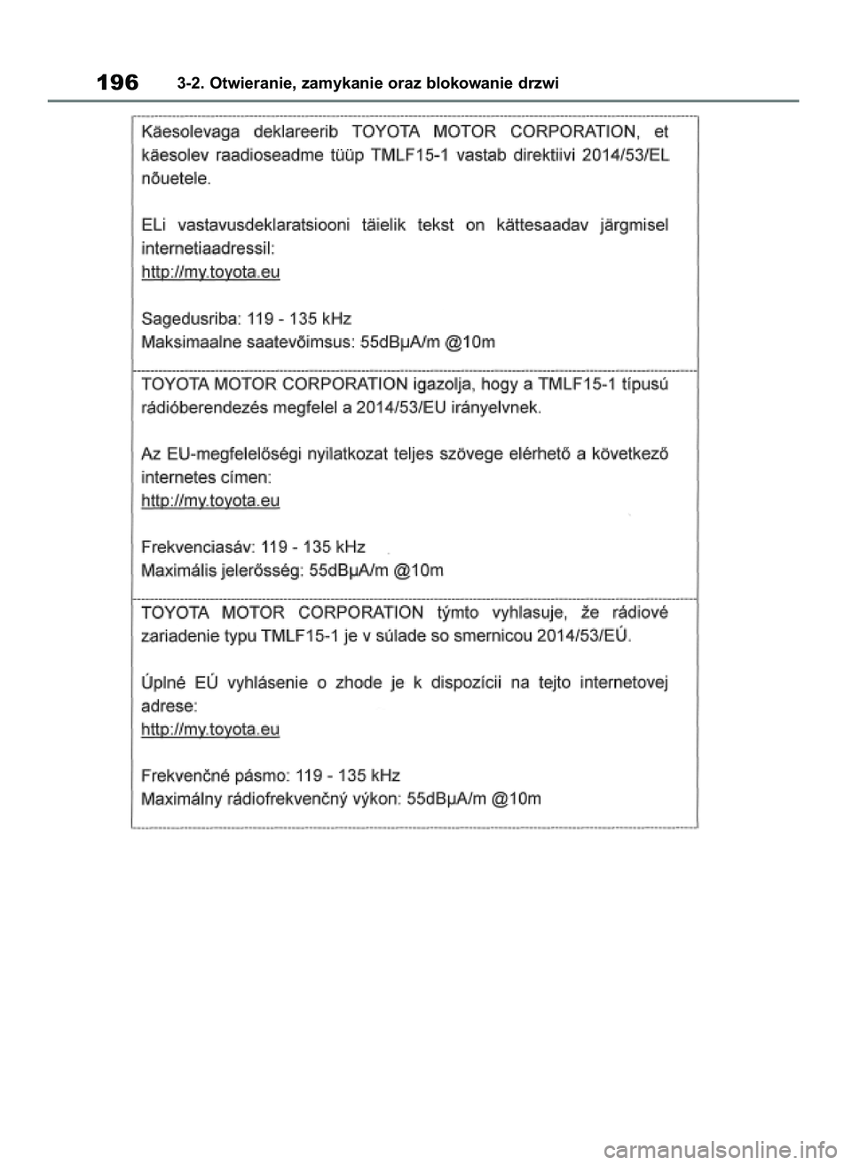 TOYOTA RAV4 2018  Instrukcja obsługi (in Polish) 1963-2. Otwieranie, zamykanie oraz blokowanie drzwi
43 RAV4 OM42B34E  19/12/18  12:19  Page 196 