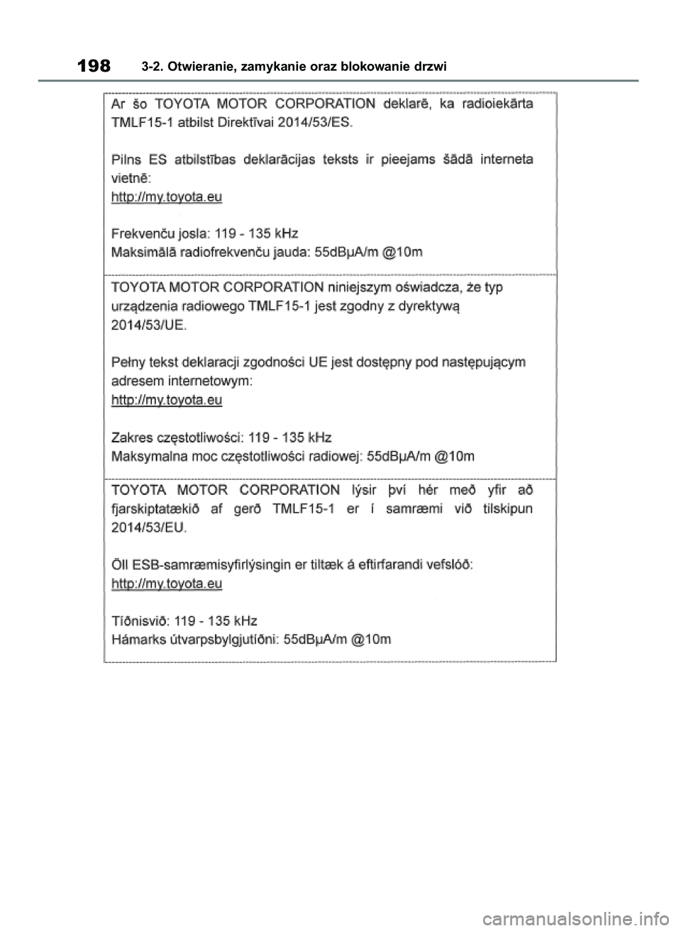 TOYOTA RAV4 2018  Instrukcja obsługi (in Polish) 1983-2. Otwieranie, zamykanie oraz blokowanie drzwi
43 RAV4 OM42B34E  19/12/18  12:19  Page 198 