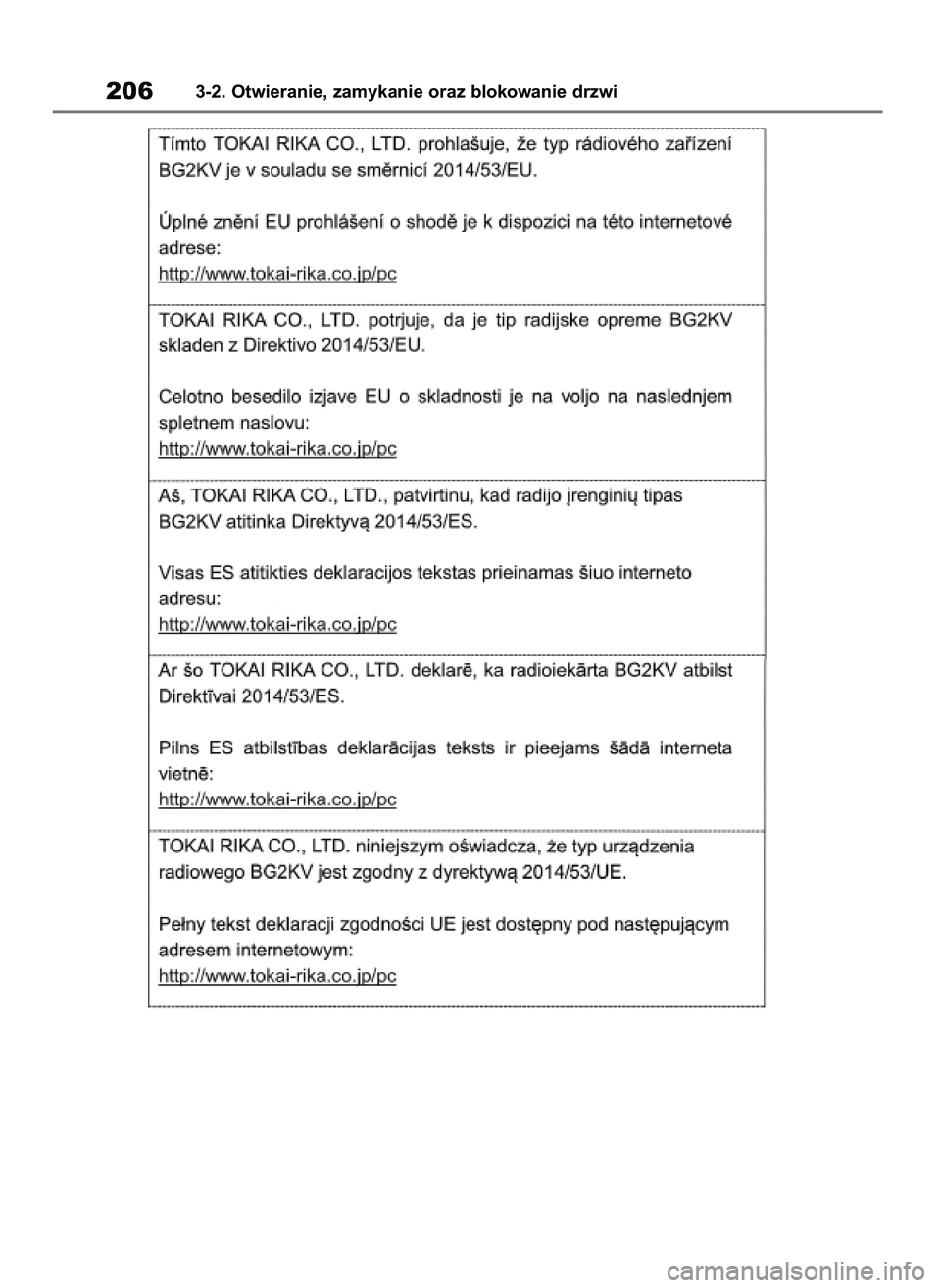 TOYOTA RAV4 2018  Instrukcja obsługi (in Polish) 2063-2. Otwieranie, zamykanie oraz blokowanie drzwi
43 RAV4 OM42B34E  19/12/18  12:19  Page 206 