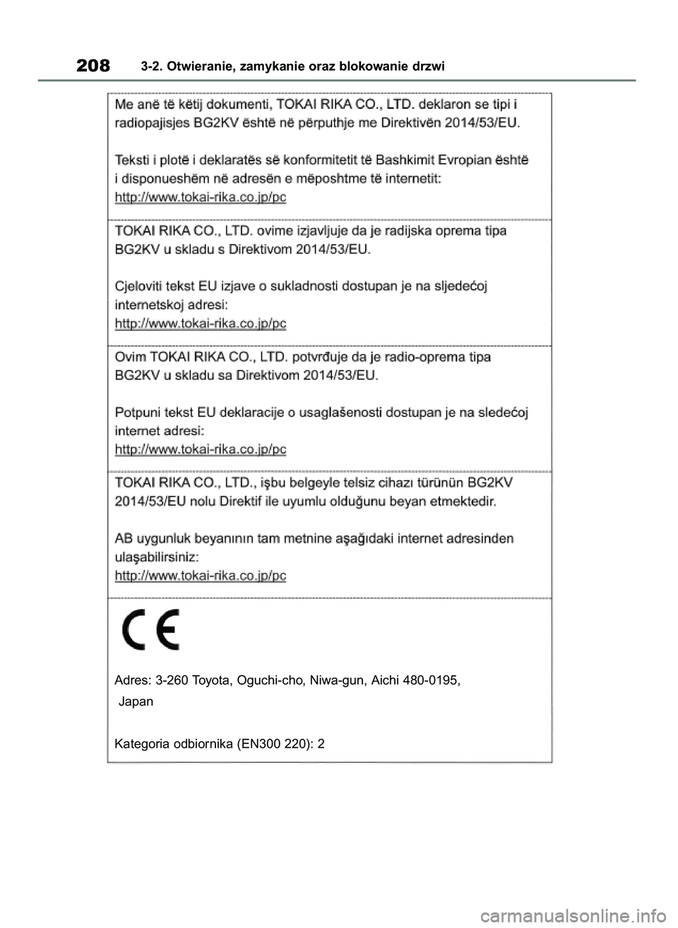 TOYOTA RAV4 2018  Instrukcja obsługi (in Polish) 2083-2. Otwieranie, zamykanie oraz blokowanie drzwi
Adres: 3-260 Toyota, Oguchi-cho, Niwa-gun, Aichi 480-0195,
Japan
Kategoria odbiornika (EN300 220): 2
43 RAV4 OM42B34E  19/12/18  12:19  Page 208 