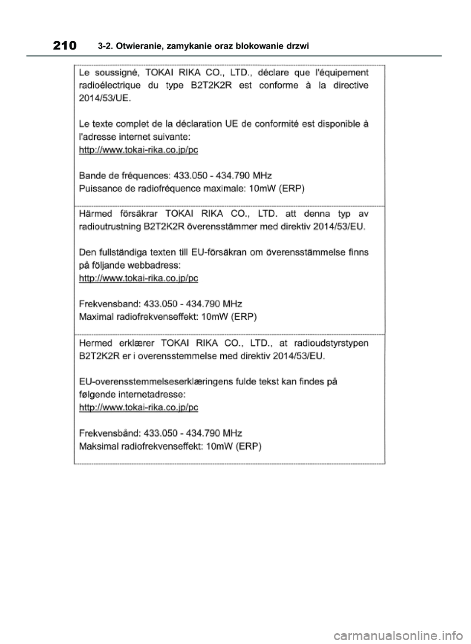 TOYOTA RAV4 2018  Instrukcja obsługi (in Polish) 2103-2. Otwieranie, zamykanie oraz blokowanie drzwi
43 RAV4 OM42B34E  19/12/18  12:19  Page 210 