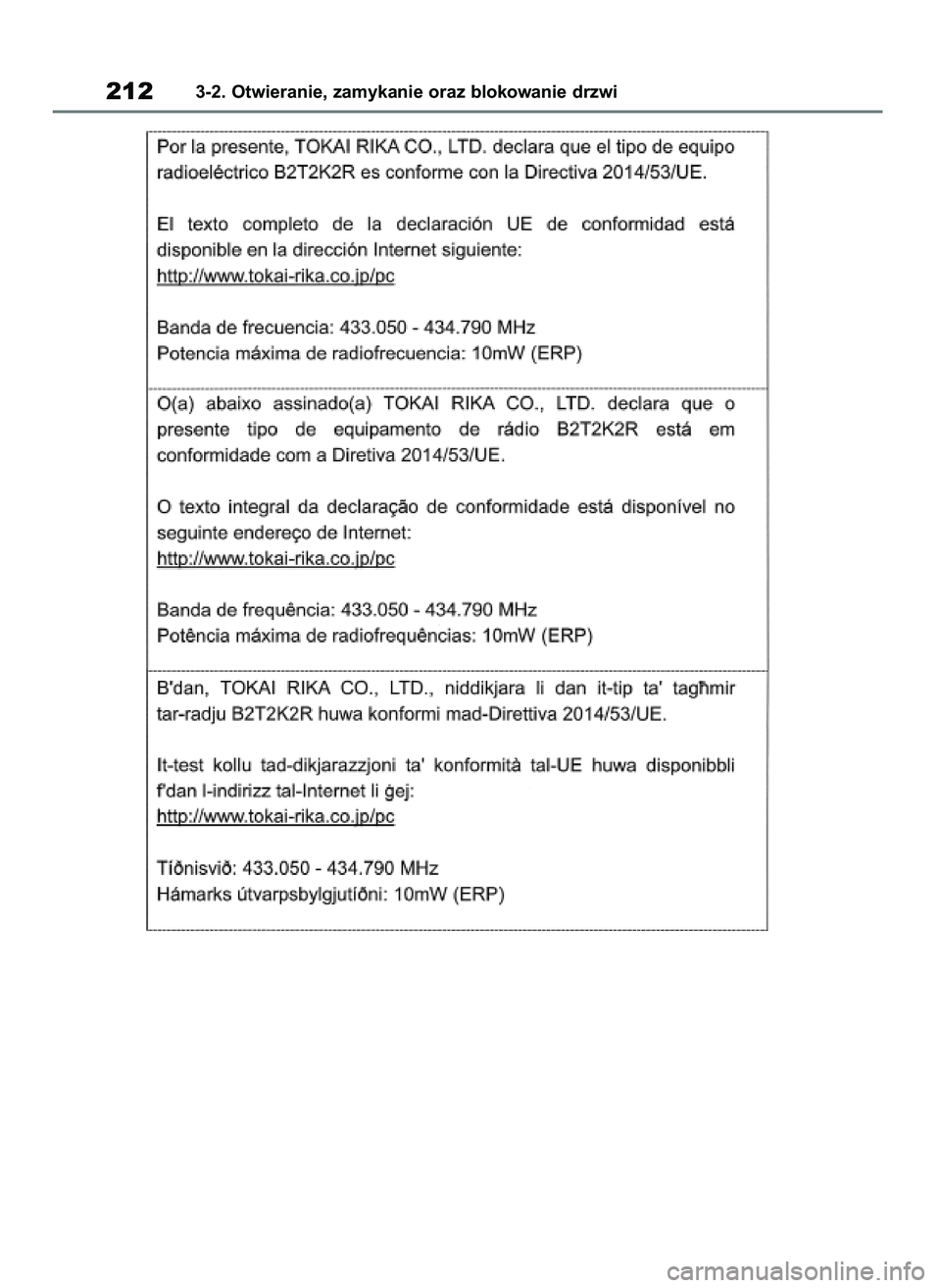 TOYOTA RAV4 2018  Instrukcja obsługi (in Polish) 2123-2. Otwieranie, zamykanie oraz blokowanie drzwi
43 RAV4 OM42B34E  19/12/18  12:19  Page 212 