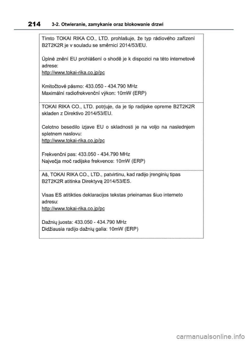 TOYOTA RAV4 2018  Instrukcja obsługi (in Polish) 2143-2. Otwieranie, zamykanie oraz blokowanie drzwi
43 RAV4 OM42B34E  19/12/18  12:19  Page 214 