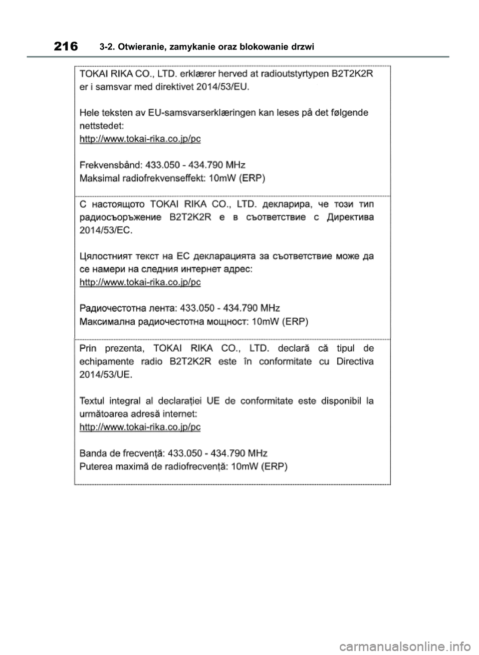 TOYOTA RAV4 2018  Instrukcja obsługi (in Polish) 2163-2. Otwieranie, zamykanie oraz blokowanie drzwi
43 RAV4 OM42B34E  19/12/18  12:19  Page 216 