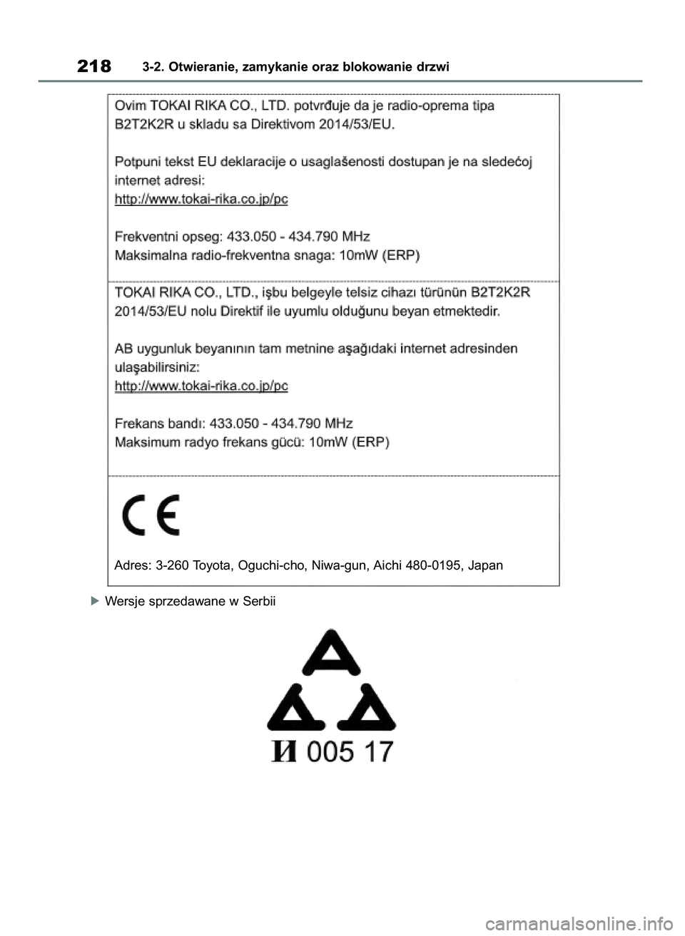 TOYOTA RAV4 2018  Instrukcja obsługi (in Polish) 2183-2. Otwieranie, zamykanie oraz blokowanie drzwi
Adres: 3-260 Toyota, Oguchi-cho, Niwa-gun, Aichi 480-0195, Japan
óWersje sprzedawane w Serbii
43 RAV4 OM42B34E  19/12/18  12:20  Page 218 