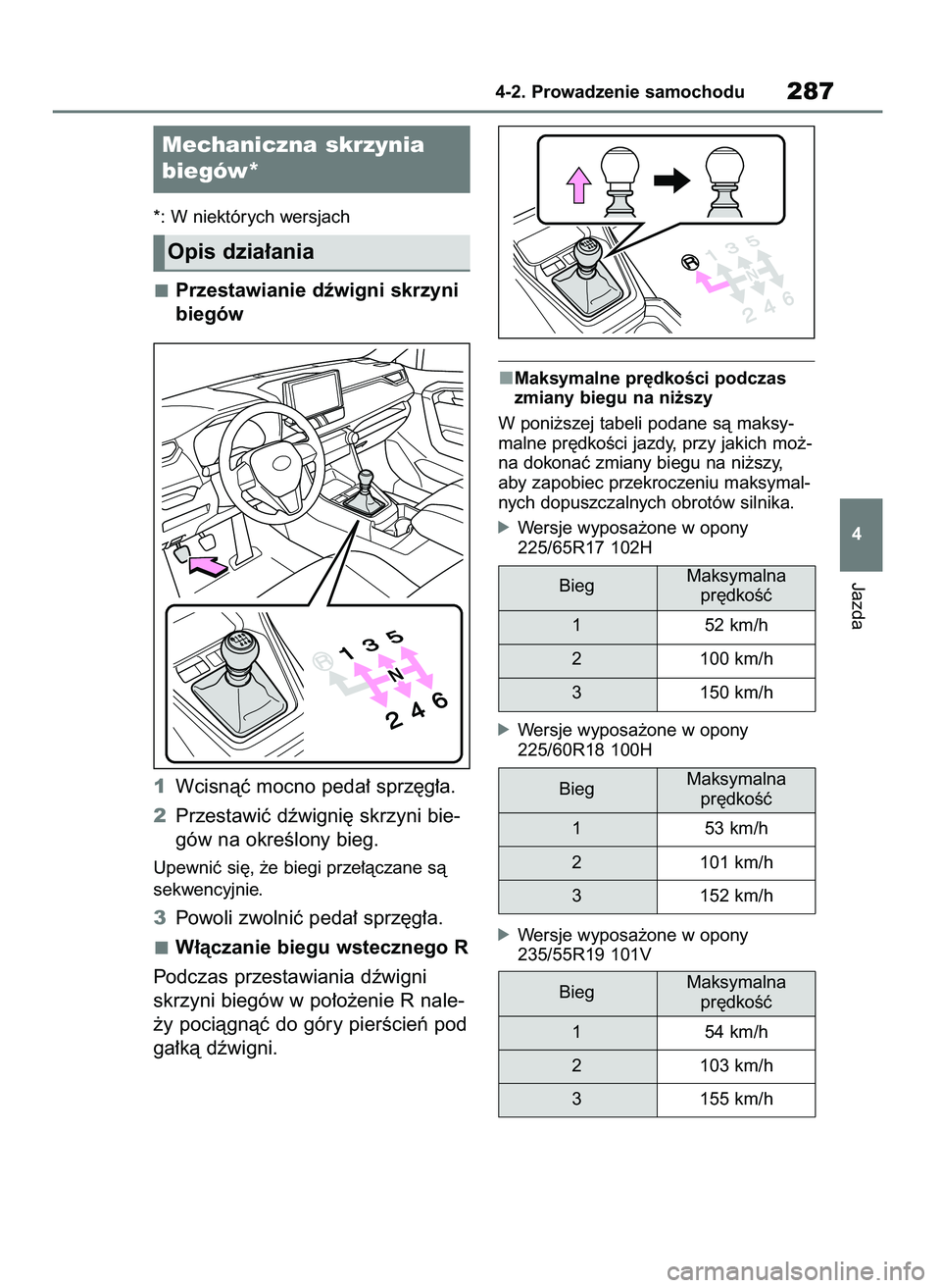TOYOTA RAV4 2018  Instrukcja obsługi (in Polish) *: W niektórych wersjach
Przestawianie dêwigni skrzyni
biegów
1Wcisnàç mocno peda∏ sprz´g∏a.
2Przestawiç dêwigni´ skrzyni bie-
gów na okreÊlony bieg.
Upewniç si´, ˝e biegi prze∏àc