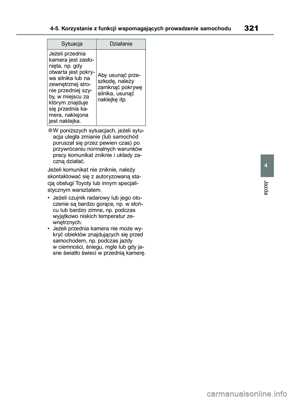 TOYOTA RAV4 2018 Instrukcja obsługi (in Polish) W poni˝szych sytuacjach, je˝eli sytu-
acja uleg∏a zmianie (lub samochód
porusza∏ si´ przez pewien czas) po
przywróceniu normalnych warunków
pracy komunikat zniknie i uk∏ady za-
cznà dzia TOYOTA RAV4 2018 Instrukcja obsługi (in Polish) W poni˝szych sytuacjach, je˝eli sytu-
acja uleg∏a zmianie (lub samochód
porusza∏ si´ przez pewien czas) po
przywróceniu normalnych warunków
pracy komunikat zniknie i uk∏ady za-
cznà dzia