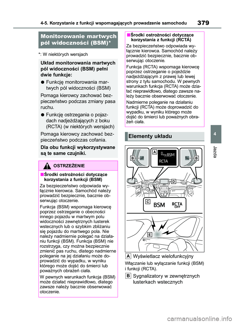 TOYOTA RAV4 2018 Instrukcja obsługi (in Polish) *: W niektórych wersjach
WyÊwietlacz wielofunkcyjny
W∏àczanie lub wy∏àczanie funkcji (BSM)
i funkcji (RCTA).
Sygnalizatory w zewn´trznych
lusterkach wstecznychB
A
Jazda
4-5. Korzystanie z fun TOYOTA RAV4 2018 Instrukcja obsługi (in Polish) *: W niektórych wersjach
WyÊwietlacz wielofunkcyjny
W∏àczanie lub wy∏àczanie funkcji (BSM)
i funkcji (RCTA).
Sygnalizatory w zewn´trznych
lusterkach wstecznychB
A
Jazda
4-5. Korzystanie z fun