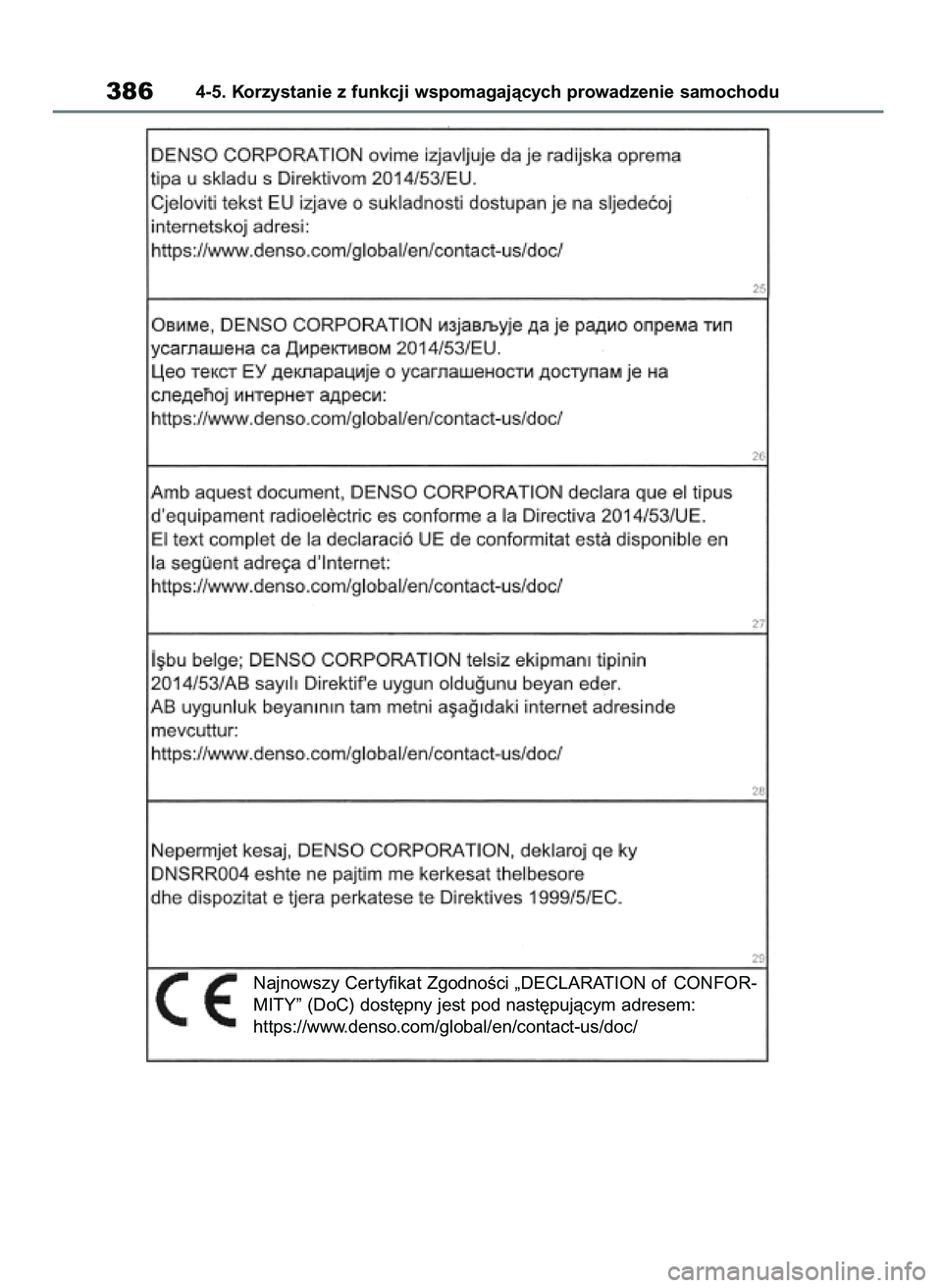 TOYOTA RAV4 2018 Instrukcja obsługi (in Polish) 3864-5. Korzystanie z funkcji wspomagajàcych prowadzenie samochodu
Najnowszy Cer tyfikat ZgodnoÊci „DECLARATION of CONFOR-
MITY” (DoC) dost´pny jest pod nast´pujàcym adresem:
https://www.dens TOYOTA RAV4 2018 Instrukcja obsługi (in Polish) 3864-5. Korzystanie z funkcji wspomagajàcych prowadzenie samochodu
Najnowszy Cer tyfikat ZgodnoÊci „DECLARATION of CONFOR-
MITY” (DoC) dost´pny jest pod nast´pujàcym adresem:
https://www.dens