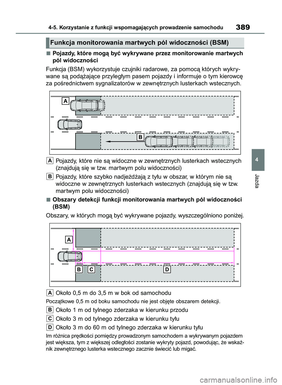 TOYOTA RAV4 2018 Instrukcja obsługi (in Polish) Pojazdy, które mogà byç wykrywane przez monitorowanie martwych
pól widocznoÊci
Funkcja (BSM) wykorzystuje czujniki radarowe, za pomocà których wykry-
wane sà podà˝ajàce przyleg∏ym pasem p TOYOTA RAV4 2018 Instrukcja obsługi (in Polish) Pojazdy, które mogà byç wykrywane przez monitorowanie martwych
pól widocznoÊci
Funkcja (BSM) wykorzystuje czujniki radarowe, za pomocà których wykry-
wane sà podà˝ajàce przyleg∏ym pasem p