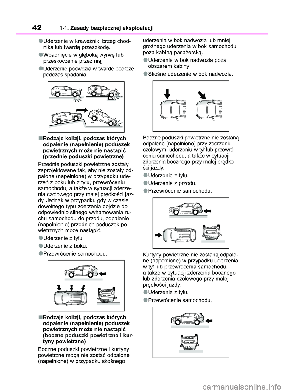 TOYOTA RAV4 2018 Instrukcja obsługi (in Polish) Uderzenie w kraw´˝nik, brzeg chod-
nika lub twardà przeszkod´.
Wpadni´cie w g∏´bokà wyrw´ lub
przeskoczenie przez nià.
Uderzenie podwozia w twarde pod∏o˝e
podczas spadania.
Rodzaje koliz TOYOTA RAV4 2018 Instrukcja obsługi (in Polish) Uderzenie w kraw´˝nik, brzeg chod-
nika lub twardà przeszkod´.
Wpadni´cie w g∏´bokà wyrw´ lub
przeskoczenie przez nià.
Uderzenie podwozia w twarde pod∏o˝e
podczas spadania.
Rodzaje koliz