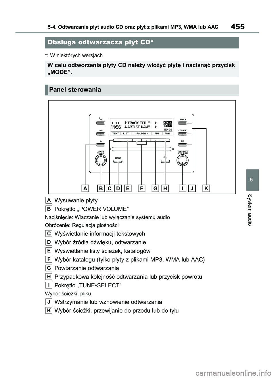 TOYOTA RAV4 2018  Instrukcja obsługi (in Polish) *: W niektórych wersjach
Wysuwanie p∏yty
Pokr´t∏o „POWER VOLUME”
NaciÊni´cie: W∏àczanie lub wy∏àczanie systemu audio
Obrócenie: Regulacja g∏oÊnoÊci
WyÊwietlanie informacji teks