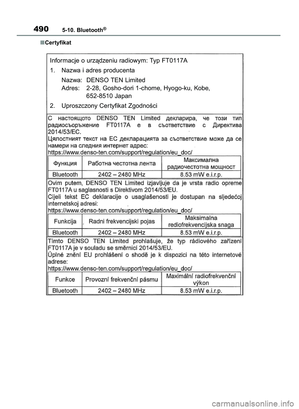 TOYOTA RAV4 2018  Instrukcja obsługi (in Polish) Certyfikat
4905-10. Bluetooth®
Informacje o urzàdzeniu radiowym: Typ FT0117A
1. Nazwa i adres producenta
Nazwa: DENSO TEN Limited
Adres: 2-28, Gosho-dori 1-chome, Hyogo-ku, Kobe, 
652-8510 Japan
2. 