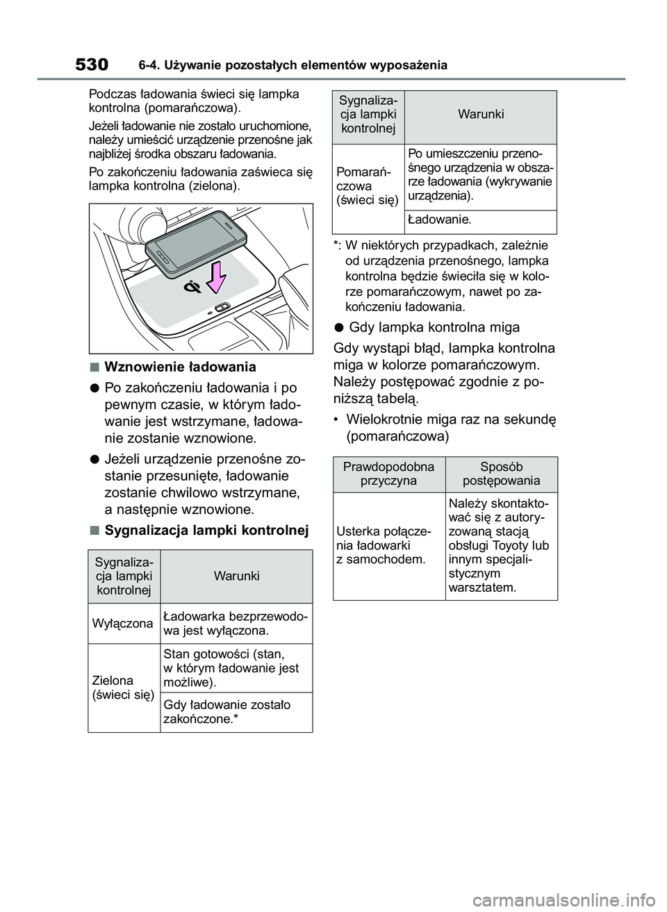 TOYOTA RAV4 2018  Instrukcja obsługi (in Polish) Podczas ∏adowania Êwieci si´ lampka
kontrolna (pomaraƒczowa).
Je˝eli ∏adowanie nie zosta∏o uruchomione,
nale˝y umieÊciç urzàdzenie przenoÊne jak
najbli˝ej Êrodka obszaru ∏adowania.

