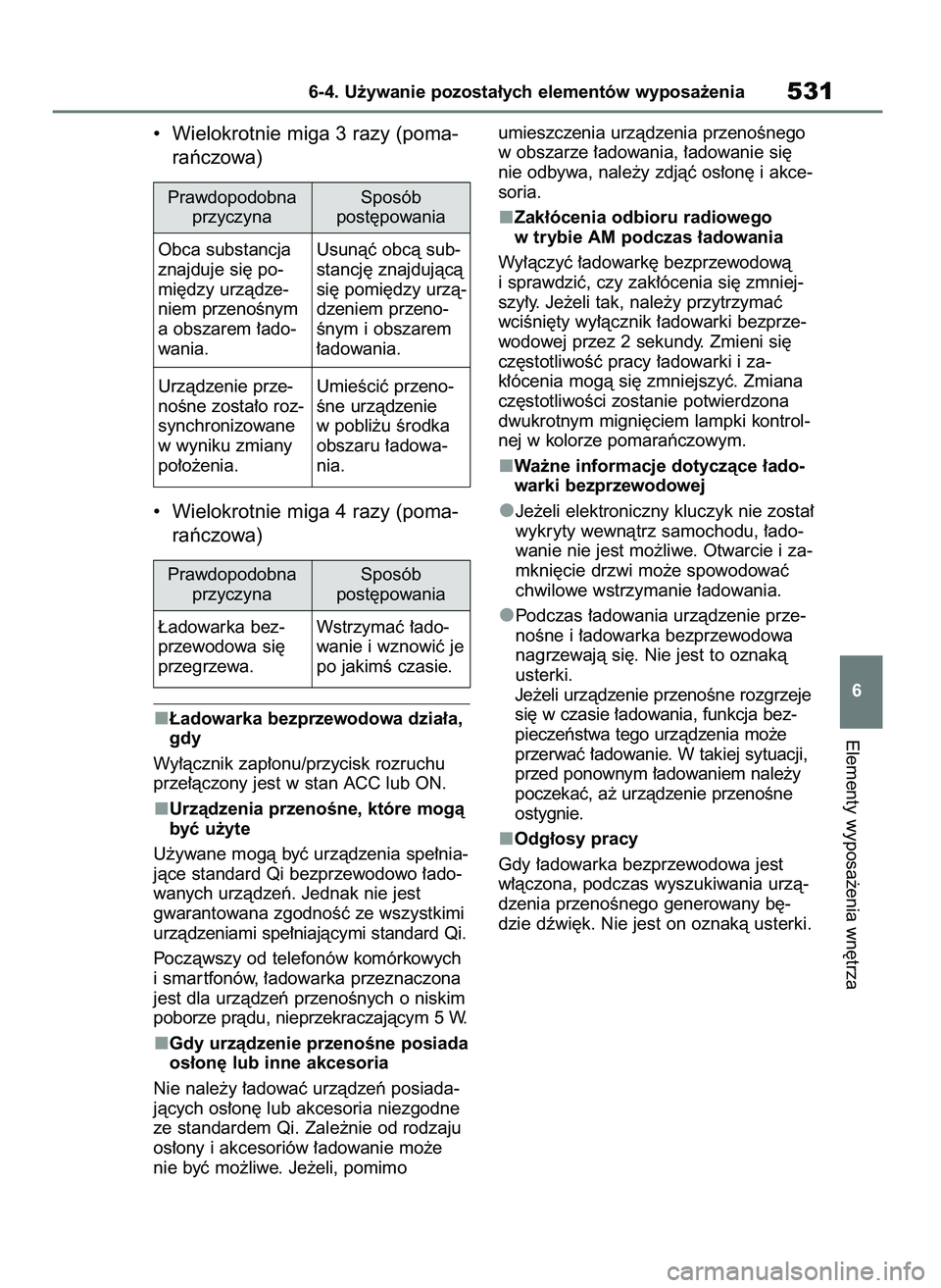 TOYOTA RAV4 2018  Instrukcja obsługi (in Polish) •  Wielokrotnie miga 3 razy (poma-
raƒczowa)
•  Wielokrotnie miga 4 razy (poma-
raƒczowa)
¸adowarka bezprzewodowa dzia∏a,
gdy
Wy∏àcznik zap∏onu/przycisk rozruchu
prze∏àczony jest w st
