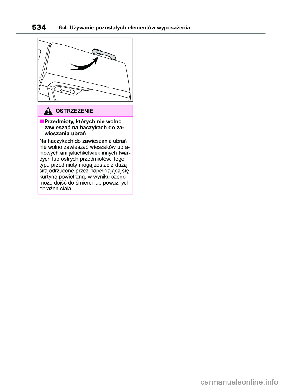 TOYOTA RAV4 2018  Instrukcja obsługi (in Polish) 5346-4. U˝ywanie pozosta∏ych elementów wyposa˝enia
OSTRZE˚ENIE
Przedmioty, których nie wolno
zawieszaç na haczykach do za-
wieszania ubraƒ
Na haczykach do zawieszania ubraƒ
nie wolno zawiesz