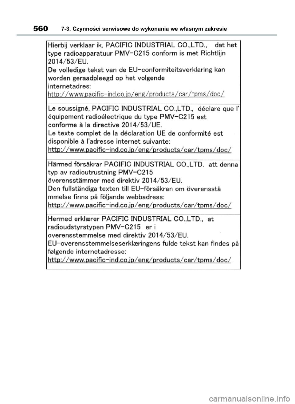 TOYOTA RAV4 2018  Instrukcja obsługi (in Polish) 5607-3. CzynnoÊci serwisowe do wykonania we w∏asnym zakresie
43 RAV4 OM42B34E  19/12/18  12:23  Page 560 