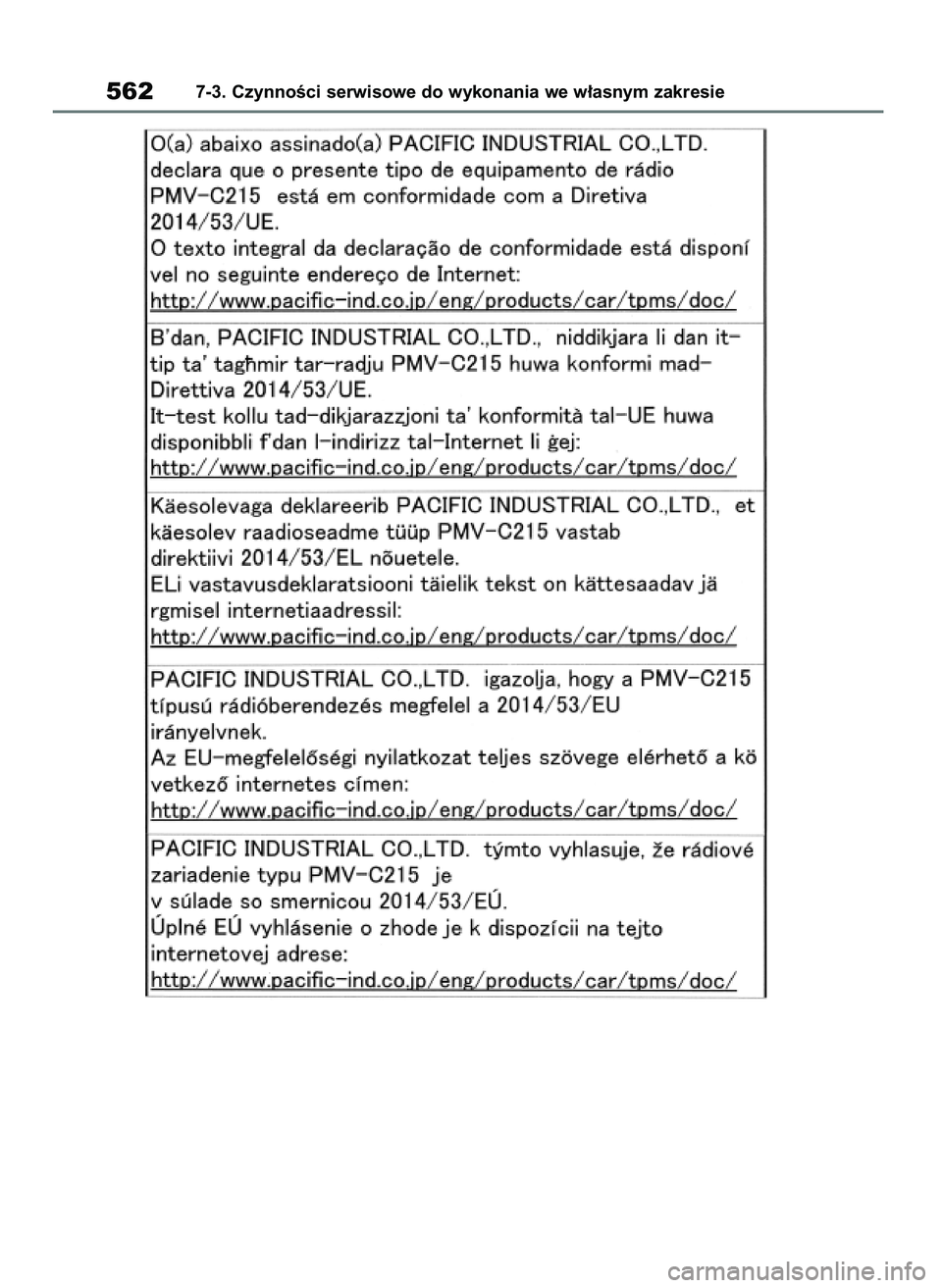 TOYOTA RAV4 2018  Instrukcja obsługi (in Polish) 5627-3. CzynnoÊci serwisowe do wykonania we w∏asnym zakresie
43 RAV4 OM42B34E  19/12/18  12:23  Page 562 