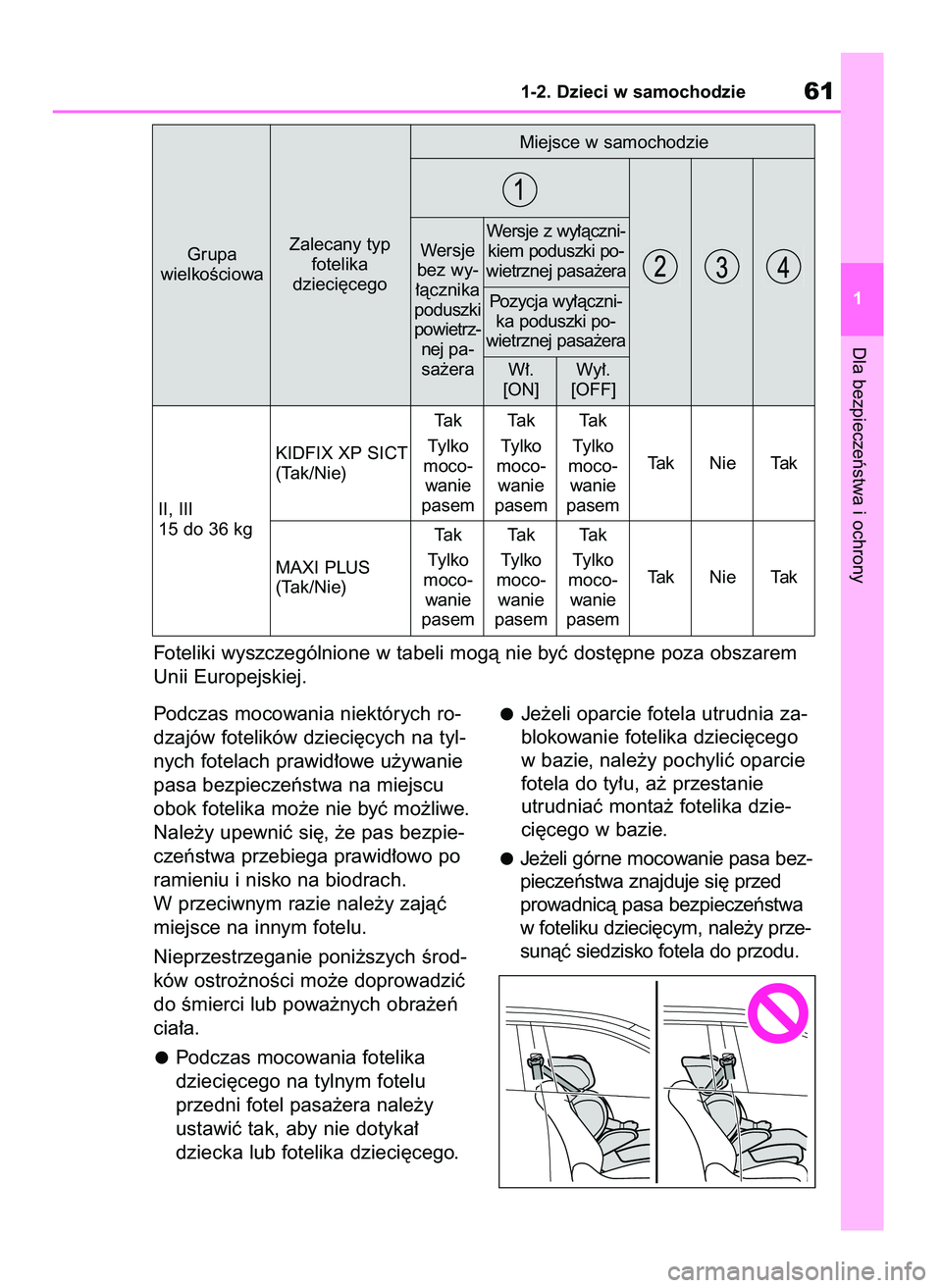 TOYOTA RAV4 2018 Instrukcja obsługi (in Polish) Podczas mocowania niektórych ro-
dzajów fotelików dzieci´cych na tyl-
nych fotelach prawid∏owe u˝ywanie
pasa bezpieczeƒstwa na miejscu
obok fotelika mo˝e nie byç mo˝liwe.
Nale˝y upewniç s TOYOTA RAV4 2018 Instrukcja obsługi (in Polish) Podczas mocowania niektórych ro-
dzajów fotelików dzieci´cych na tyl-
nych fotelach prawid∏owe u˝ywanie
pasa bezpieczeƒstwa na miejscu
obok fotelika mo˝e nie byç mo˝liwe.
Nale˝y upewniç s