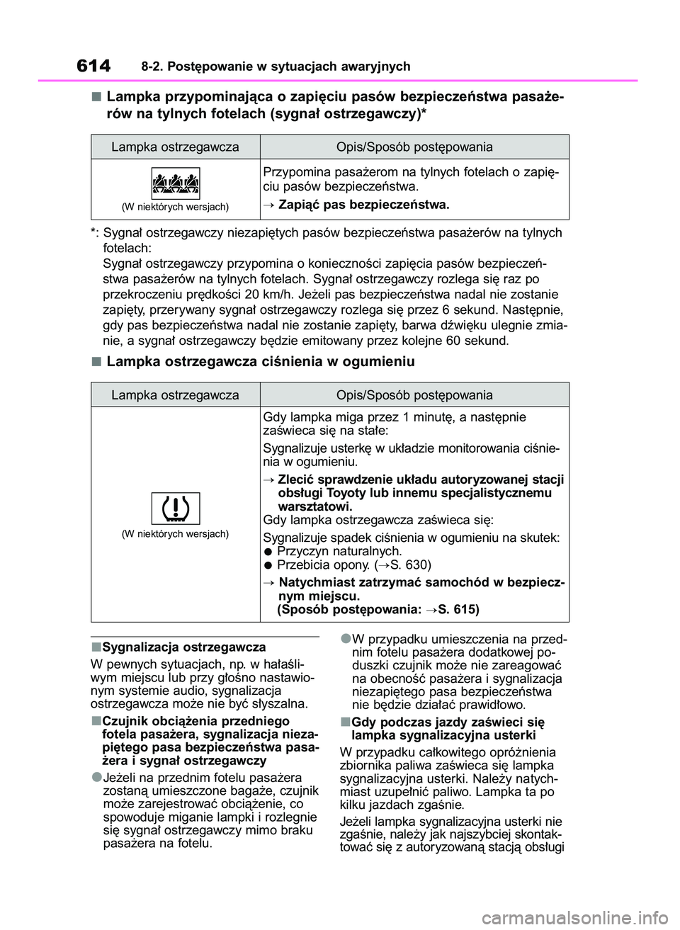 TOYOTA RAV4 2018  Instrukcja obsługi (in Polish) Sygnalizacja ostrzegawcza
W pewnych sytuacjach, np. w ha∏aÊli-
wym miejscu lub przy g∏oÊno nastawio-
nym systemie audio, sygnalizacja
ostrzegawcza mo˝e nie byç s∏yszalna.
Czujnik obcià˝eni