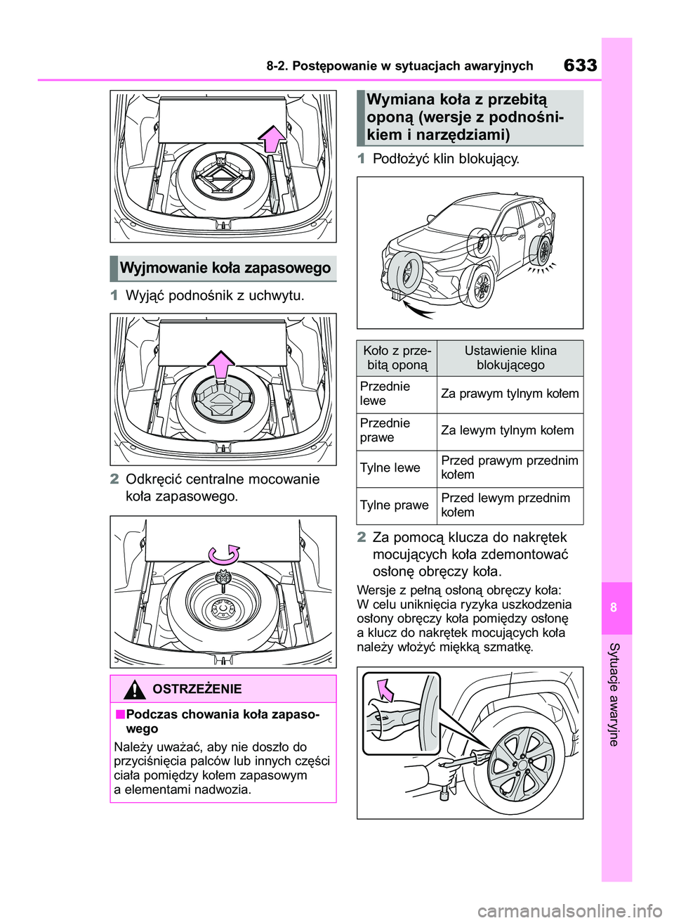 TOYOTA RAV4 2018  Instrukcja obsługi (in Polish) 1Wyjàç podnoÊnik z uchwytu.
2Odkr´ciç centralne mocowanie
ko∏a zapasowego.1Pod∏o˝yç klin blokujàcy.
2Za pomocà klucza do nakr´tek
mocujàcych ko∏a zdemontowaç
os∏on´ obr´czy ko∏