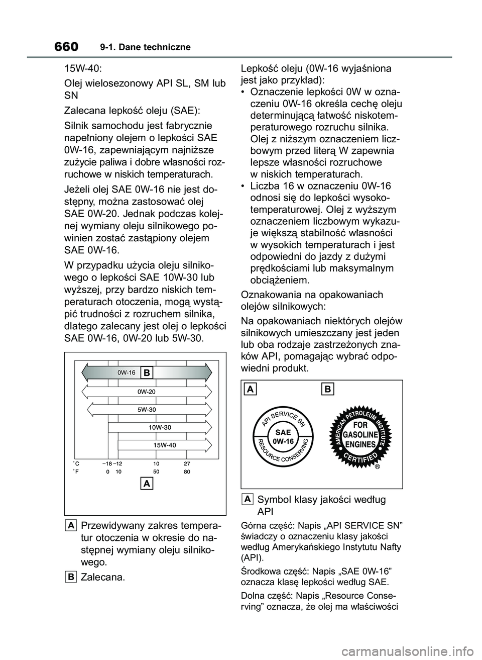 TOYOTA RAV4 2018  Instrukcja obsługi (in Polish) 15W-40:
Olej wielosezonowy API SL, SM lub
SN
Zalecana lepkoÊç oleju (SAE):
Silnik samochodu jest fabrycznie
nape∏niony olejem o lepkoÊci SAE
0W-16, zapewniajàcym najni˝sze
zu˝ycie paliwa i dob