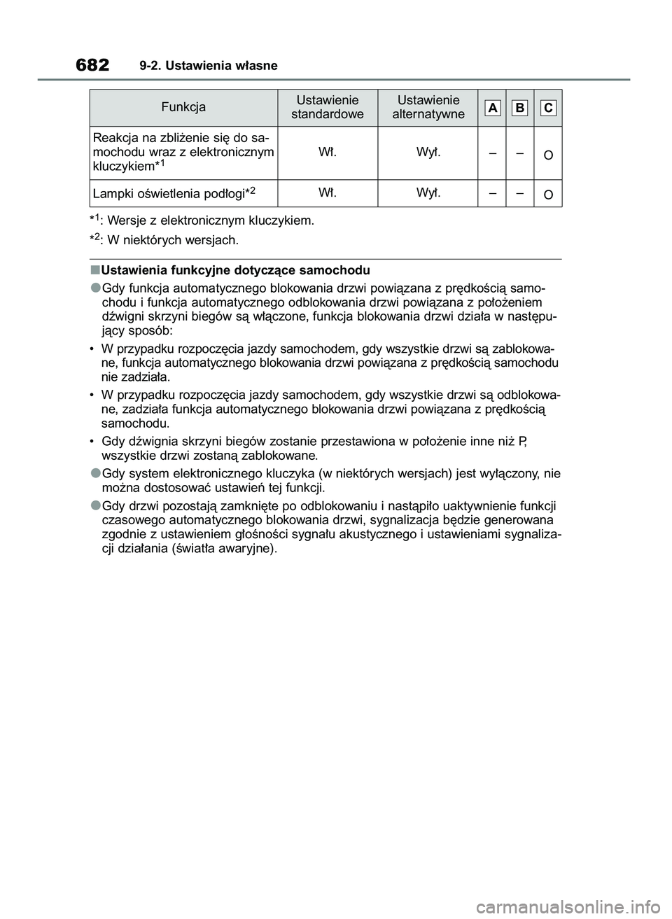 TOYOTA RAV4 2018  Instrukcja obsługi (in Polish) *1: Wersje z elektronicznym kluczykiem.
*
2: W niektórych wersjach.
Ustawienia funkcyjne dotyczàce samochodu
Gdy funkcja automatycznego blokowania drzwi powiàzana z pr´dkoÊcià samo-
chodu i funk