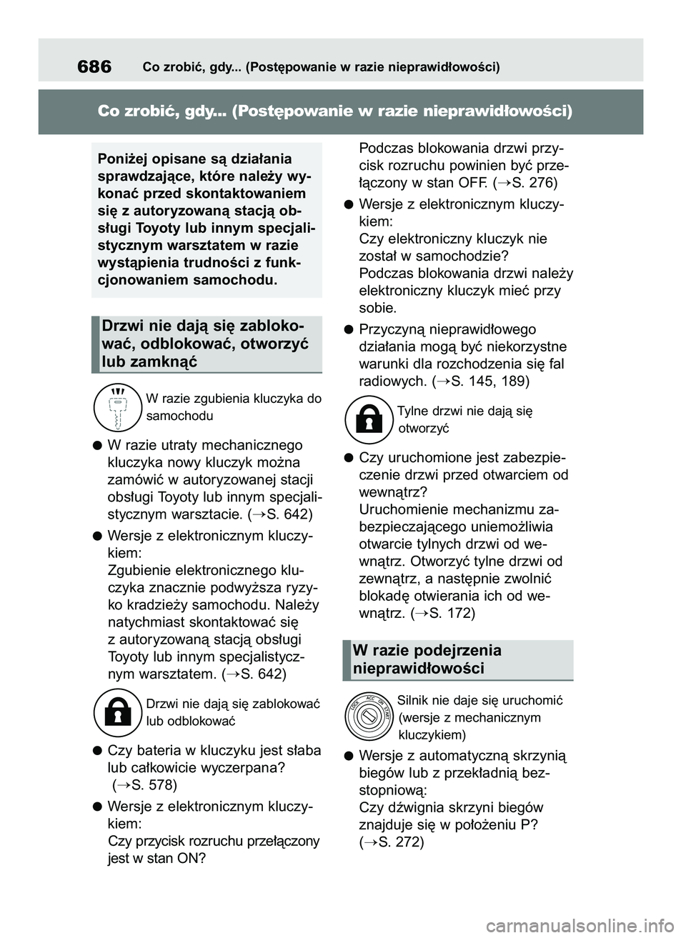 TOYOTA RAV4 2018  Instrukcja obsługi (in Polish) W razie zgubienia kluczyka do
samochodu
W razie utraty mechanicznego
kluczyka nowy kluczyk mo˝na
zamówiç w autoryzowanej stacji
obs∏ugi Toyoty lub innym specjali-
stycznym warsztacie. (
S. 642)
