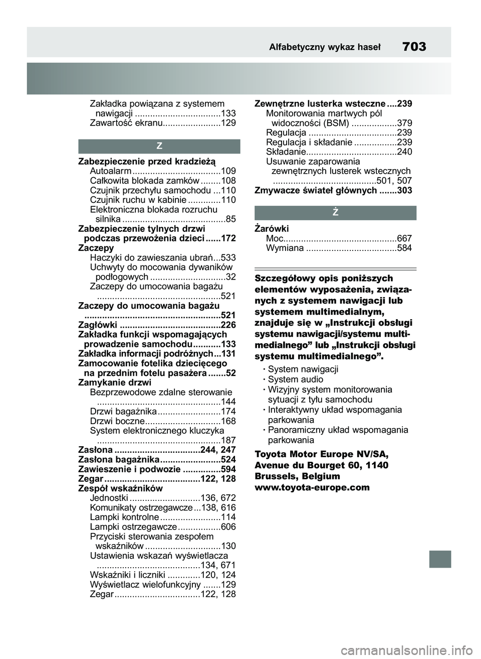 TOYOTA RAV4 2018  Instrukcja obsługi (in Polish) Zak∏adka powiàzana z systemem 
nawigacji ..................................133
Zawar toÊç ekranu.......................129
Zabezpieczenie przed kradzie˝à
Autoalarm .............................