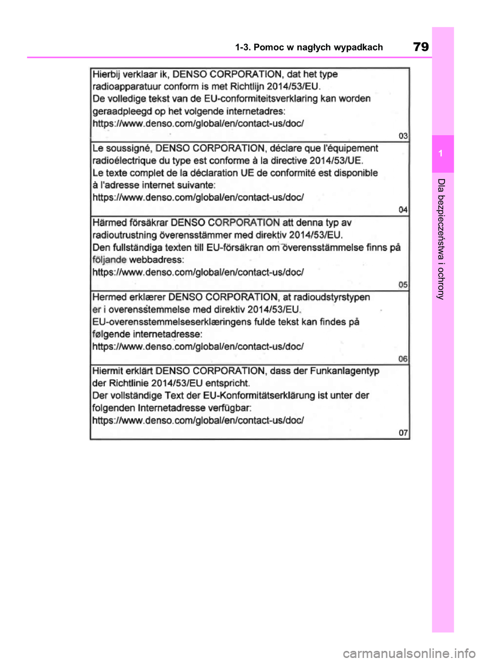 TOYOTA RAV4 2018 Instrukcja obsługi (in Polish) Dla bezpieczeƒstwa i ochrony
1-3. Pomoc w nag∏ych wypadkach79
1
43 RAV4 OM42B34E 19/12/18 12:18 Page 79 TOYOTA RAV4 2018 Instrukcja obsługi (in Polish) Dla bezpieczeƒstwa i ochrony
1-3. Pomoc w nag∏ych wypadkach79
1
43 RAV4 OM42B34E 19/12/18 12:18 Page 79