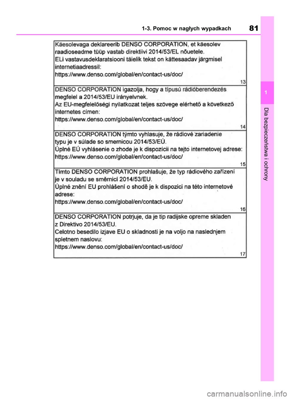 TOYOTA RAV4 2018 Instrukcja obsługi (in Polish) Dla bezpieczeƒstwa i ochrony
1-3. Pomoc w nag∏ych wypadkach81
1
43 RAV4 OM42B34E 19/12/18 12:18 Page 81 TOYOTA RAV4 2018 Instrukcja obsługi (in Polish) Dla bezpieczeƒstwa i ochrony
1-3. Pomoc w nag∏ych wypadkach81
1
43 RAV4 OM42B34E 19/12/18 12:18 Page 81